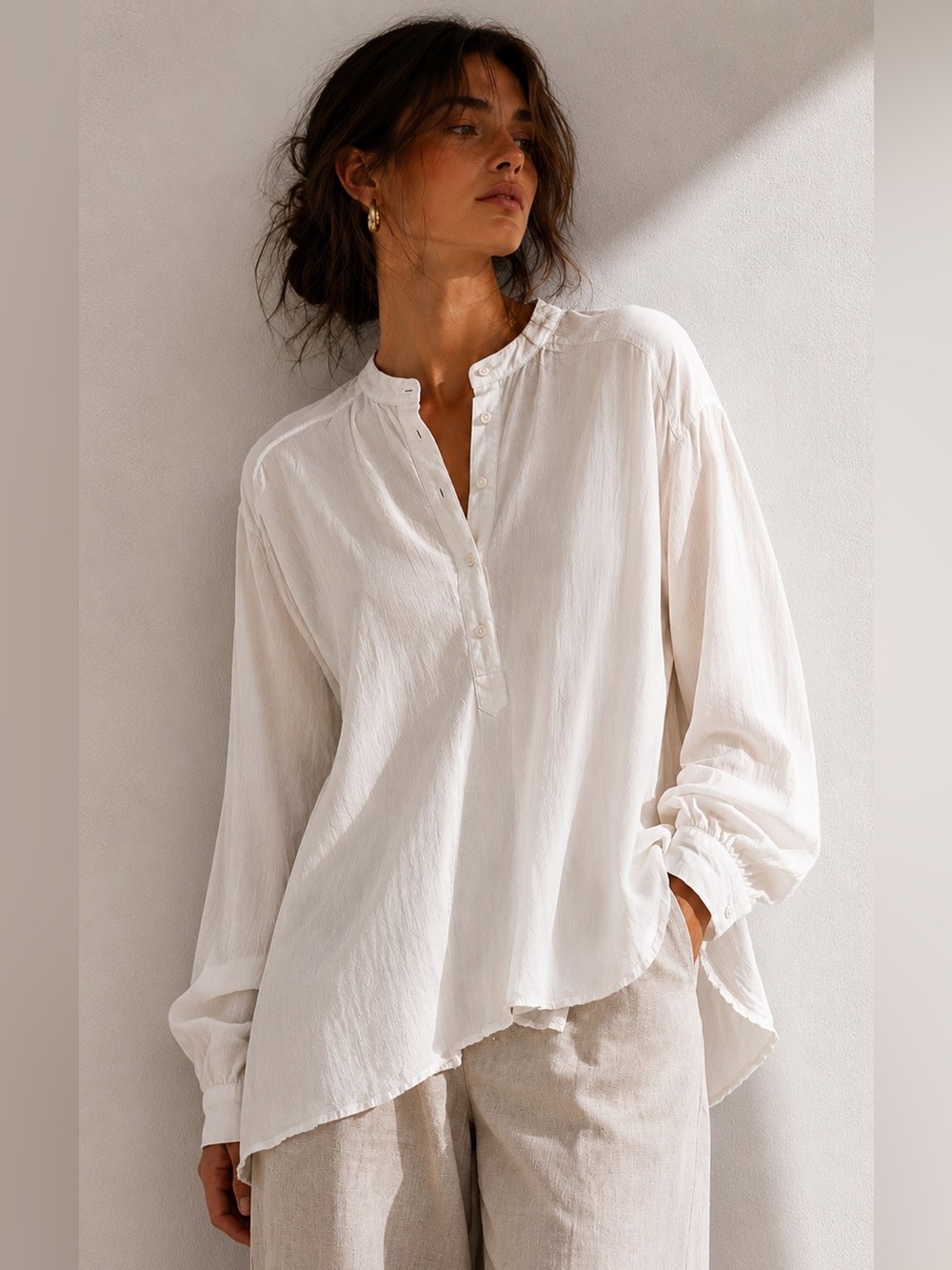 Zara Woman White Band Collar Women's Oversized Tunic Blouse Size M
